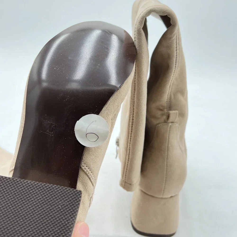Beige Women Side Zipper Closed Toe Thigh High Chunky Heel Over Knee High Boots